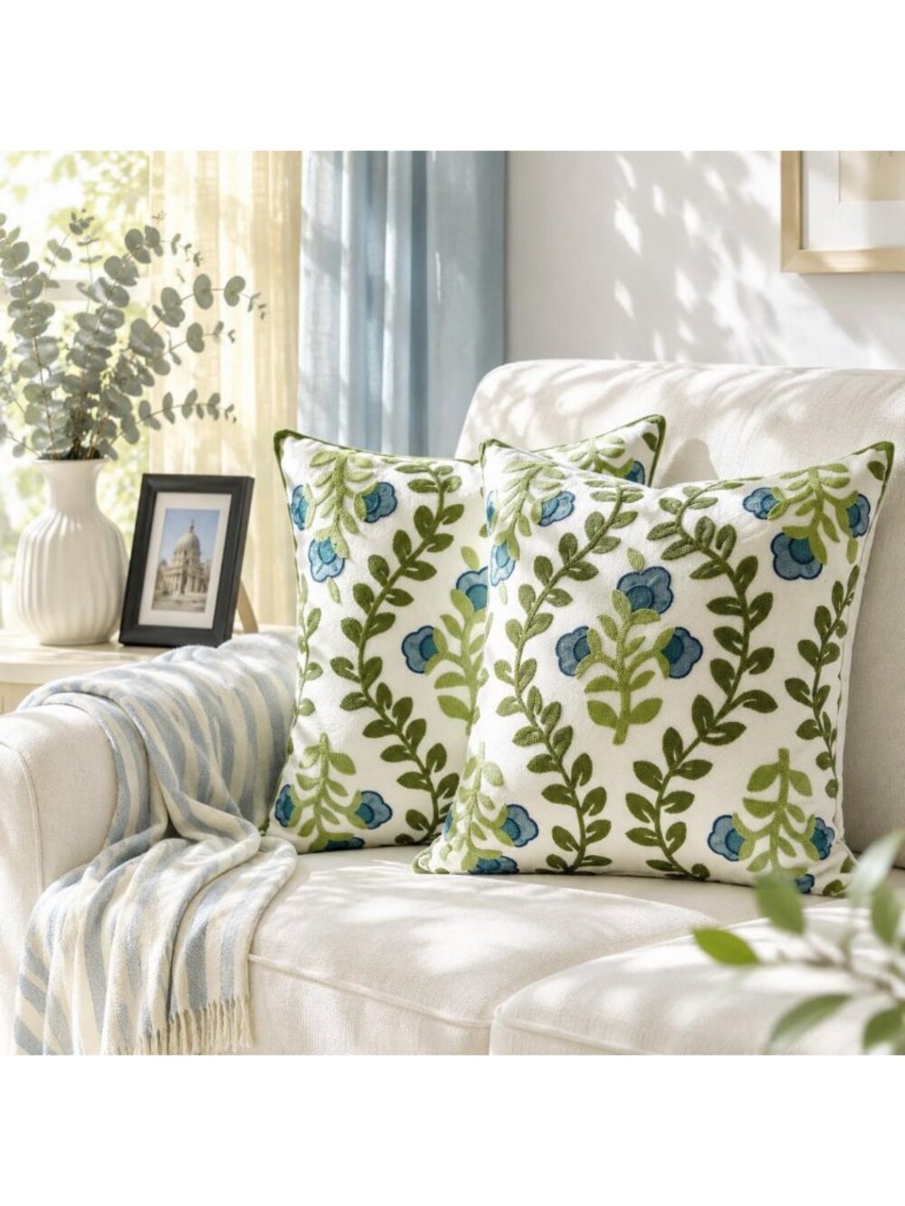 Set of 2 Blue Embroidered Decorative Throw Pillow Covers 20"x20" - Chic Home